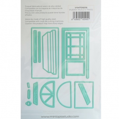 Conjunto de moldes de metal verde com várias formas geométricas em cartão branco.