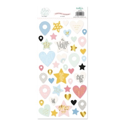 Autocolantes coloridos com estrelas e corações de vários designs e textos em inglês