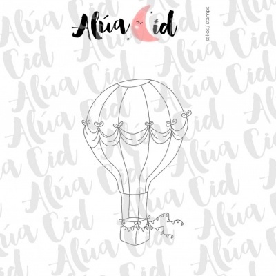 Desenho a preto e branco de um balão de ar quente com laços e bandeirinhas