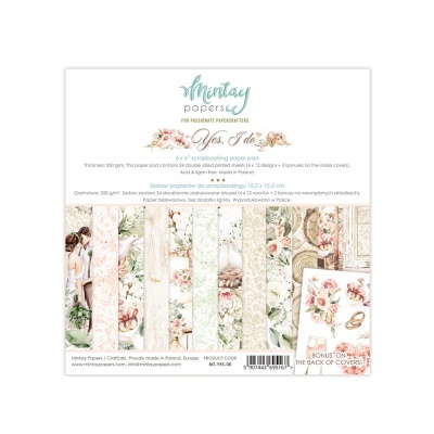 Papel decorativo para scrapbook com temas vintage e de casamento, texto Mintay papers Soft Tale.