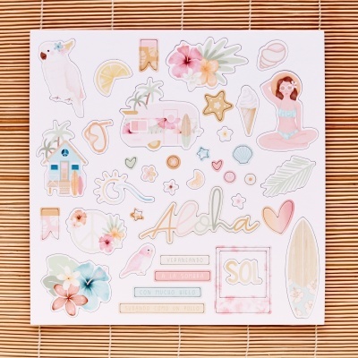 Autocolantes com temas tropicais e de praia em fundo branco