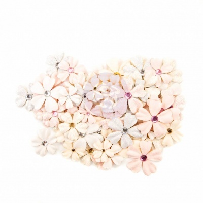 Flores decorativas em tecido bege e rosa com centros brilhantes