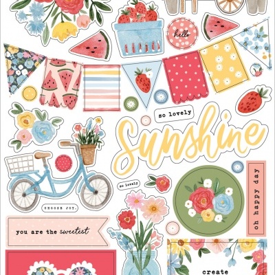 Folha de autocolantes em cartão com motivos florais e de verão coloridos