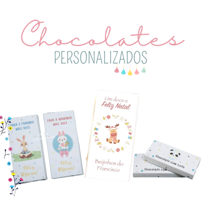 Barras de chocolate personalizadas para Páscoa e Natal, em embalagens coloridas com ilustrações e textos. 