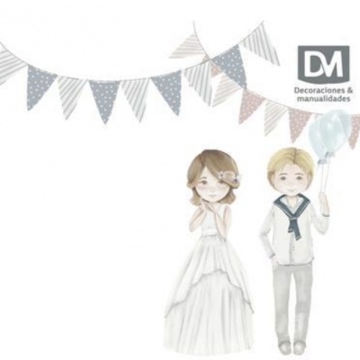 Ilustração de uma rapariga e rapaz vestidos de branco com bandeirolas e texto DM Decorações & manualidades