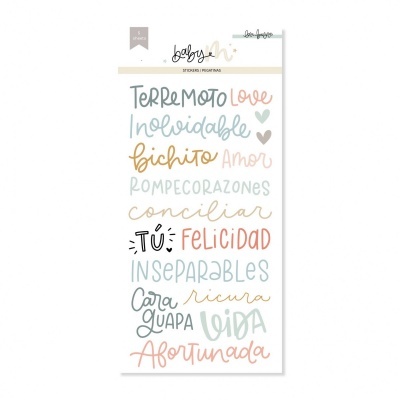 Conjunto de autocolantes com palavras em várias cores sobre fundo branco