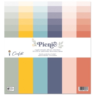 conjunto de papéis estampados em várias cores básicas com embalagem branca e texto em português