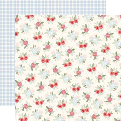 Folha de papel decorativo com padrão floral e padrão de quadrícula azul e branca.