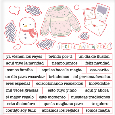 Camisola estampada, boneco de neve e cartões com texto em espanhol