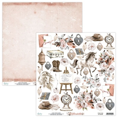 Folha dupla para scrapbook com design vintage pastel e elementos como flores, cavalos, relógios e cartas.