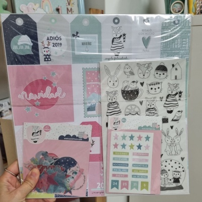 Conjunto de decoração de Natal com etiquetas, adesivos e desenhos de animais em cores rosa, azul e verde