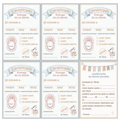 Seis certificados de entrega de dente infantil com desenhos e campos para preencher.