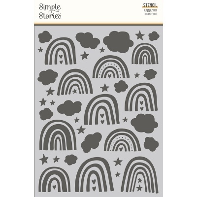 Stencil Simple Stories arco-íris, estrelas e nuvens preto e branco.