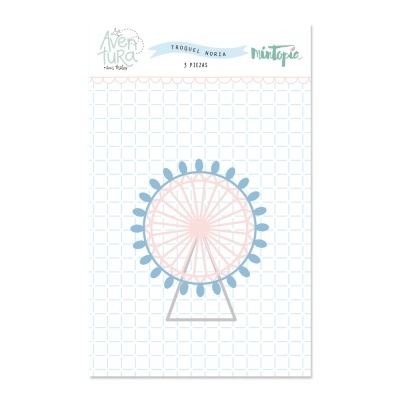 Molde de papel com desenho de roda-gigante em cores pastel e texto em espanhol