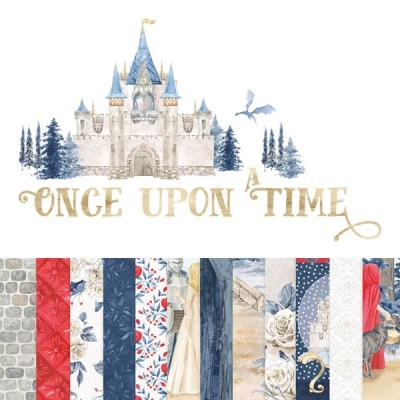 Castelo azul e cinza com texto 'ONCE UPON A TIME' e padrões florais e de pedra