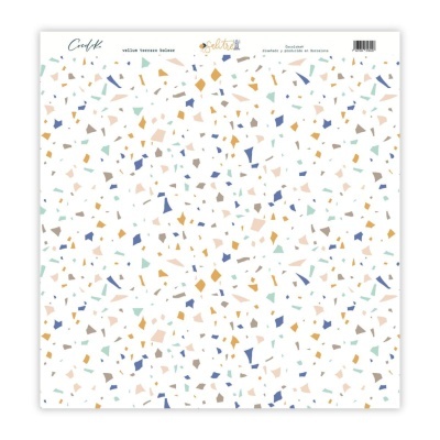 Papel decorativo branco com padrão terrazzo colorido e texto impresso no topo