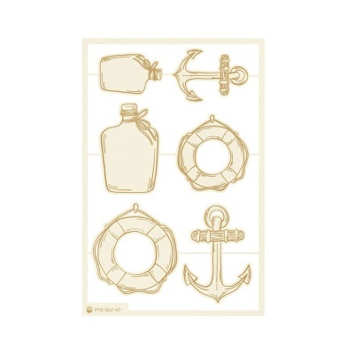 Adesivos dourados com âncoras, boias e garrafas em fundo branco