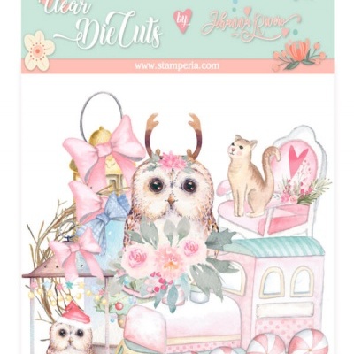 Pacote de recortes transparentes Clear Die Cuts com coruja, gato, presentes e carrinho rosa