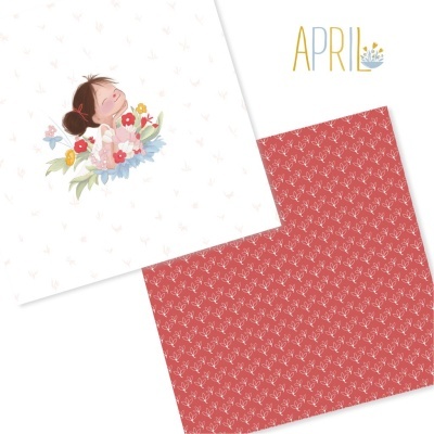 Folhas decorativas com ilustração de menina e padrão floral com texto APRIL