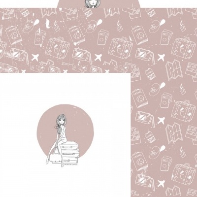 Papel de parede e embrulho com desenhos de viagem em branco sobre fundo rosa