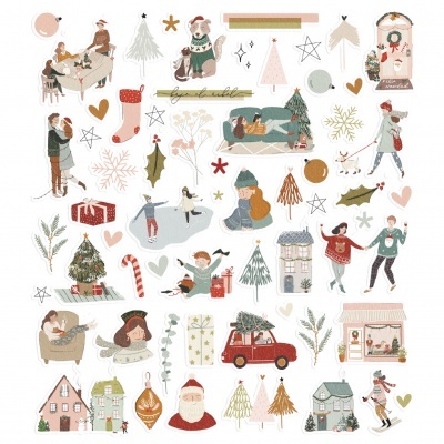 Desenhos decorativos natalícios com pessoas, árvores, presentes, meias e símbolos festivos em tons suaves