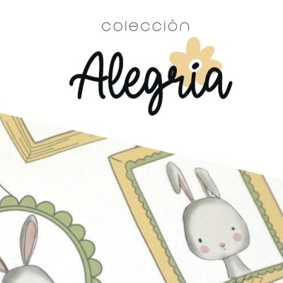 Texto 'colección Alegria' com ilustrações de coelhinhos em molduras coloridas