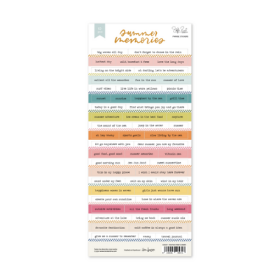 Folha de autocolantes com frases coloridas em inglês e título summer memories