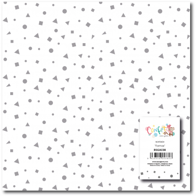 Papel de parede branco com padrões geométricos cinza e etiqueta colorida