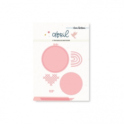 Conjunto de 6 troqueles de bastidor em papel rosa embalados numa folha branca com texto