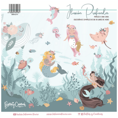 Papel decorativo com ilustrações subaquáticas e texto em espanhol