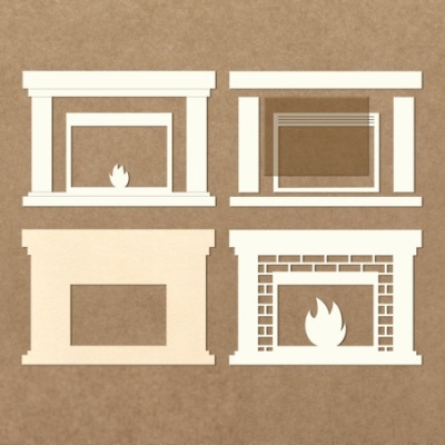 Quatro desenhos de lareiras em tons bege e branco sobre fundo castanho