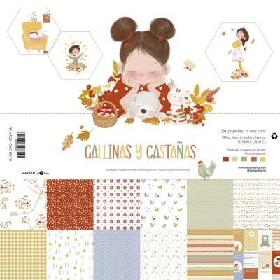 Papel decorativo com padrões de galinhas, castanhas e desenhos infantis.