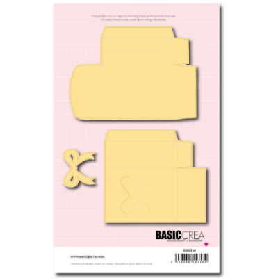 Modelos recortados de papel para montar caixa e laço sobre fundo quadriculado rosa