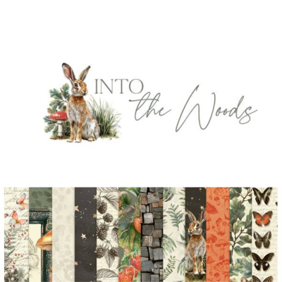 Padrões verticais com temas da natureza, texto INTO the Woods