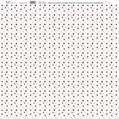 Papel decorativo com padrão de bolinhas pretas e azuis sobre fundo branco