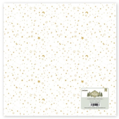 Papel decorativo branco com padrão dourado de estrelas e luas e etiqueta
