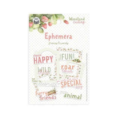 Pacote de ephemera Woodland Cuties com frases e palavras decorativas em cores pastel e motivos naturais