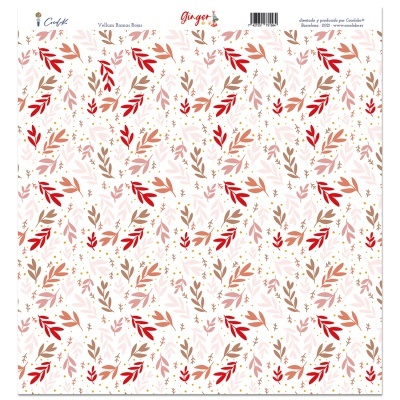 Papel decorativo com padrão floral em vermelho, rosa e dourado, texto e código de barras na parte superior