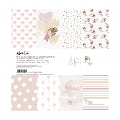 Papéis para scrapbooking com vários padrões em tons pastel, incluindo corações, balões, bonecas e riscas.