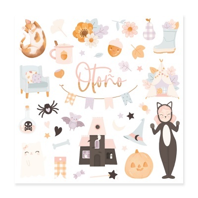 Ilustrações outonais coloridas com gato, flores, abóbora, cadeira e criança vestida de gato