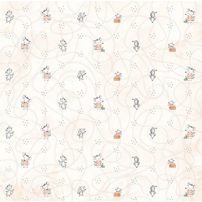 Tecido bege claro com estampado de ratinhos cinza e laranja e linhas tracejadas