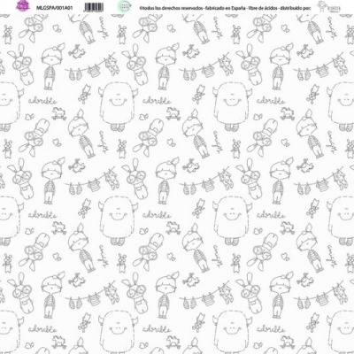 Papel de embrulho branco com desenhos a preto de animais e texto na borda superior