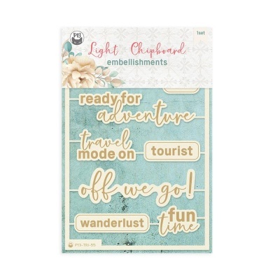 Embalagem de embellishments de chipboard com frases de viagem em castanho claro e azul.