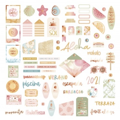 adesivos decorativos tropicais em tons pastel com frases e padrões veraneantes