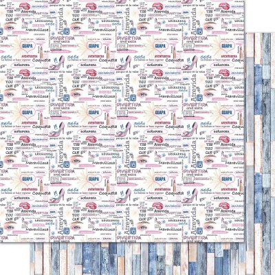 Papel decorativo para scrapbooking com frases coloridas e padrão de madeira azul e branco