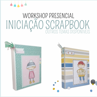Caixas decoradas para scrapbook com ilustrações infantis e texto promocional de workshop de iniciação a scrapbook.