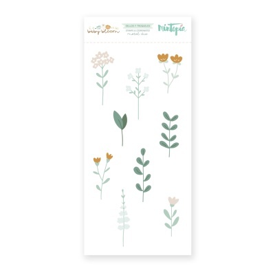 Pacote de autocolantes com desenhos simples de flores e folhas em tons pastel
