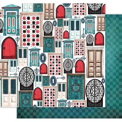 Papel de parede padrão portas coloridas e papel xadrez verde