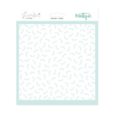 Máscara de stencil com padrão de raminhos verdes em embalagem branca e azul
