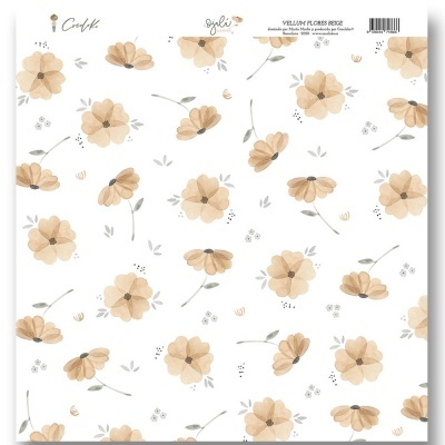 Papel decorativo com padrão de flores bege e folhas sobre fundo branco